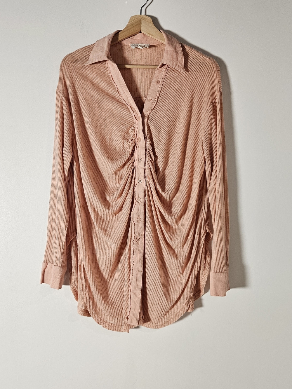 Oli & Hali Blush Pink Crinkle Gauze Ruched Oversized Button-Down Tunic Shirt S